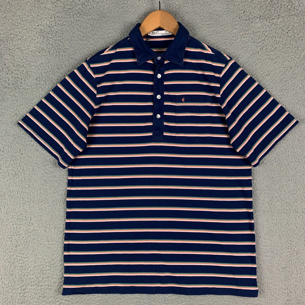Criquet Players Polo Shirt Men's Medium Navy Striped Organic‎ Cotton Golf Casual